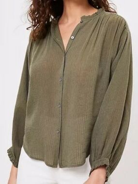 LOFT Women Olive Green Button-Front Balloon Sleeve Blouse Flowy Ruffle size M